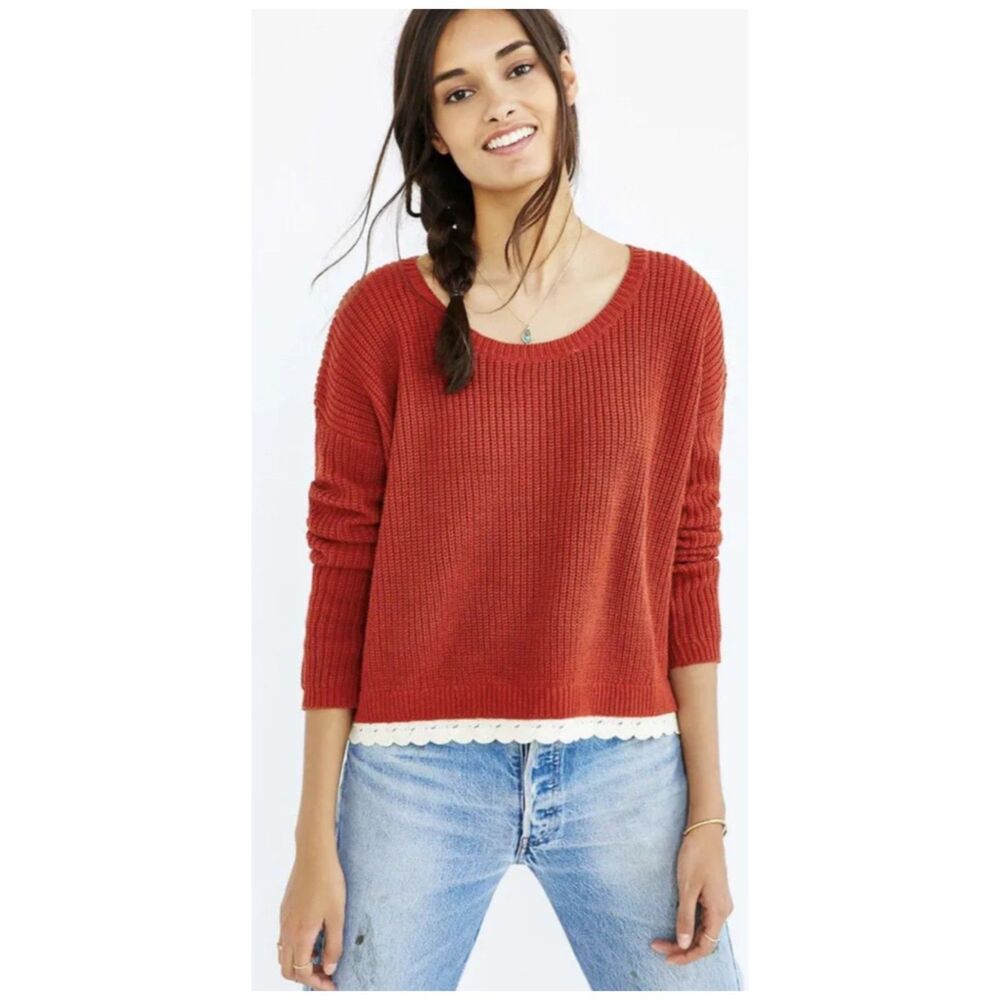 KIMCHI BLUE Burnt Orange Cropped Cable Knit Fall Crochet Lace Trim Sweater